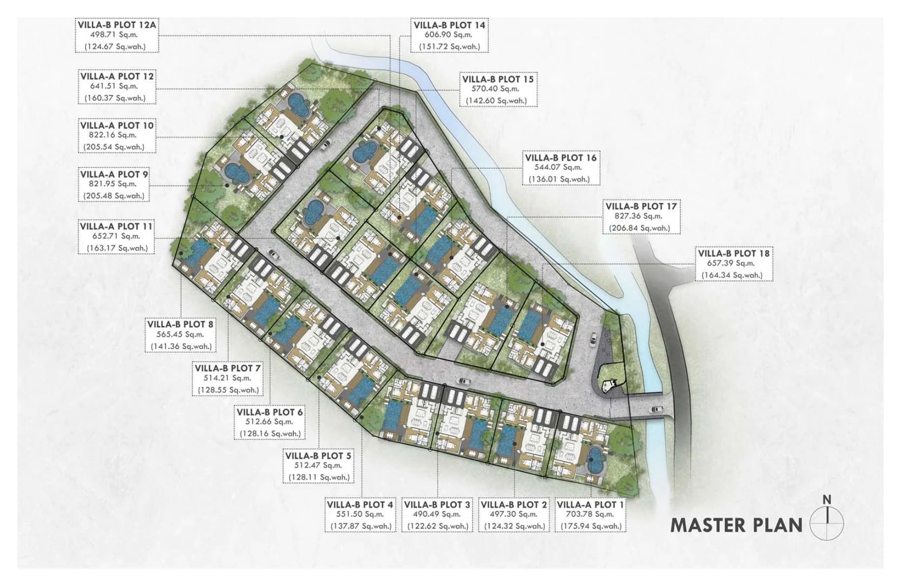 Master plan of Erawana Creek: 18 plots around a loop road, the creek along the north-east edge and the entrance bridge on the east